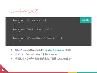 ルートをつくる
❖ Gist の createRouting.txt を routes / web.php にコピー
❖ アプリケーションの url などを書くファイル
❖ 今回はタスクの「一覧表示」「追加」「削除」の３つを生やす
Route::get('/', function () {
//
});
Route::post('/task', function () {
//
});
Route::delete('/task/{task}', function () {
//
});
web.php
 