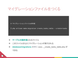 マイグレーションファイルをつくる
❖ テーブルの設計図となるファイル
❖ このファイルをもとにマイグレーションが実行される
❖ database/migrations の中に xxxx..._create_tasks_table.php が
できる
# マイグレーションファイルの作成
$ php artisan make:migration create_tasks_table --create=tasks
 