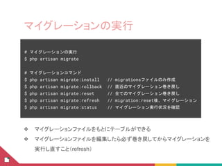 マイグレーションの実行
❖ マイグレーションファイルをもとにテーブルができる
❖ マイグレーションファイルを編集したら必ず巻き戻してからマイグレーションを
実行し直すこと（refresh）
# マイグレーションの実行
$ php artisan migrate
# マイグレーションコマンド
$ php artisan migrate:install // migrationsファイルのみ作成
$ php artisan migrate:rollback // 直近のマイグレーション巻き戻し
$ php artisan migrate:reset // 全てのマイグレーション巻き戻し
$ php artisan migrate:refresh // migration:reset後、マイグレーション
$ php artisan migrate:status // マイグレーション実行状況を確認
 