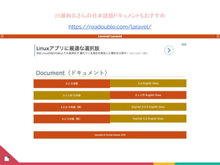 川瀬裕久さんの日本語版ドキュメントもおすすめ
https://readouble.com/laravel/
 