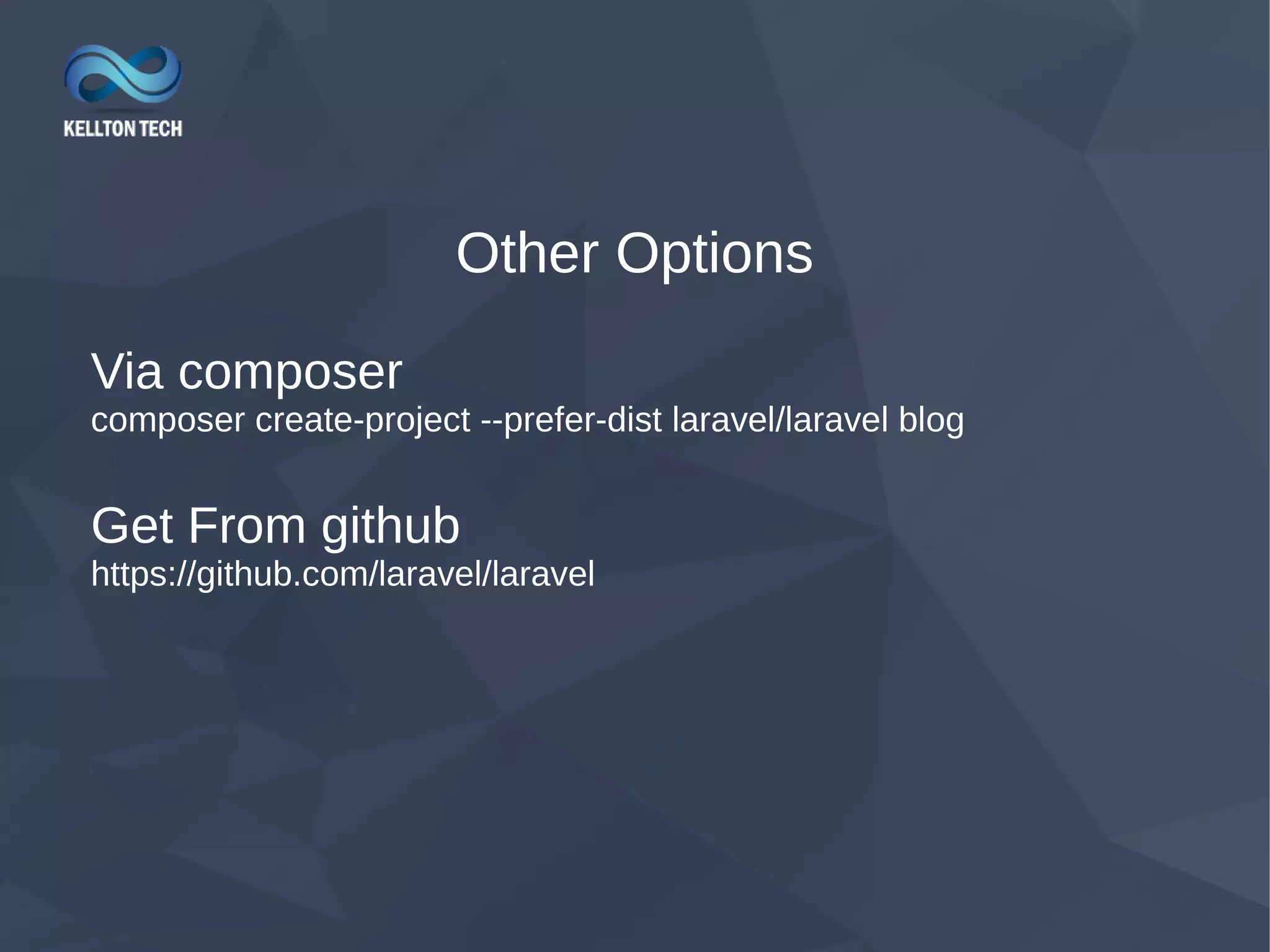 Other Options Via composer composer create-project --prefer-dist laravel/laravel blog Get From github https://github.com/laravel/laravel 