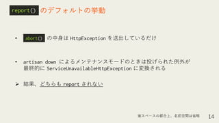 • の中身は HttpException を送出しているだけ
• artisan down によるメンテナンスモードのときは投げられた例外が
最終的に ServiceUnavailableHttpException に変換される
➢ 結果、どちらも report されない
14
のデフォルトの挙動report()report()
abort()
※スペースの都合上、名前空間は省略
 