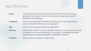 App Directory ..
Events : Contains event classes Events may be used to alert other parts of your
application that a given action has occurred, providing a great deal of
flexibility and decoupling.
Exceptions : Contains your application's exception handler and is also a good place to
stick any exceptions thrown by your application.
Jobs : Contains the queueable jobs for the application
Listeners : Contains the handler for events. Handlers receive an event and perform logic
in response to the event being fired. For example, a UserRegistered
event might be handled by SendWelcomeEmail listeners
Providers : Contains service providers for application
 