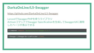 DarkaOnLine/L5-Swagger
https://github.com/DarkaOnLine/L5-Swagger
LaravelでSwaggerPHPを使うライブラリ
ArtisanコマンドでSwagger Speci cationを生成してSwaggerUIに適用
したページが表示できる
$ composer require "darkaonline/l5-swagger:5.5.*"
L5SwaggerL5SwaggerServiceProvider::class,
 