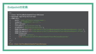 Endpointの定義
/**
* Class GetThisWeeksGameSoftwareRelease
* @package AppHttpActionApi
* @SWGGet(
* path="/game_software/release/week",
* summary="今週発売のゲームソフト",
* description="",
* consumes={"application/json"},
* produces={"application/hal+json"},
* @SWGParameter(ref="#/parameters/GetThisWeeksGameSoftwareReleaseRequest_limit"),
* @SWGParameter(ref="#/parameters/GetThisWeeksGameSoftwareReleaseRequest_offset"),
* @SWGResponse(
* response="default",
* ref="#/responses/GetThisWeeksGameSoftwareReleaseResponder"
* )
* )
*/
final class GetThisWeeksGameSoftwareRelease
 