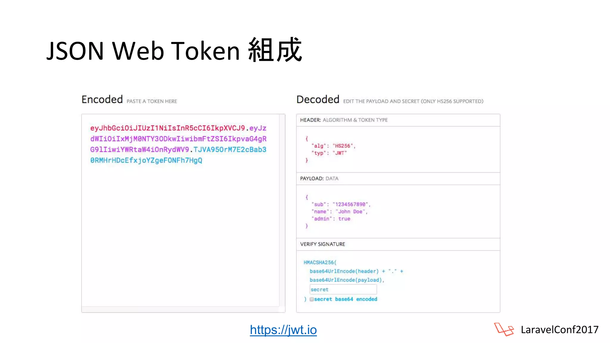 JSON Web Token 組成
LaravelConf2017https://jwt.io
 