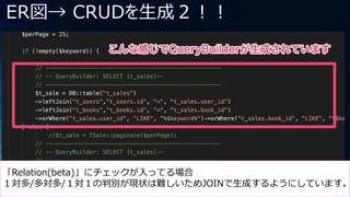ER図→ CRUDを生成２！！
「Relation(beta)」にチェックが入ってる場合
１対多/多対多/１対１の判別が現状は難しいためJOINで生成するようにしています。
 