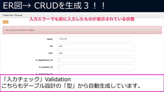 ER図→ CRUDを生成３！！
「入力チェック」Validation
こちらもテーブル設計の「型」から自動生成しています。
 