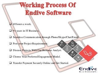  40 hours a week.
 9+ years in IT Business.
 Seamless Communication through Phone/Skype/Chat/Email.
 Post your Project Requirements.
 Discuss Projects With Our Business Analyst.
 Choose Your Preferred Engagement Model.
 Transfer Payment Securely Online and Get Started.
 