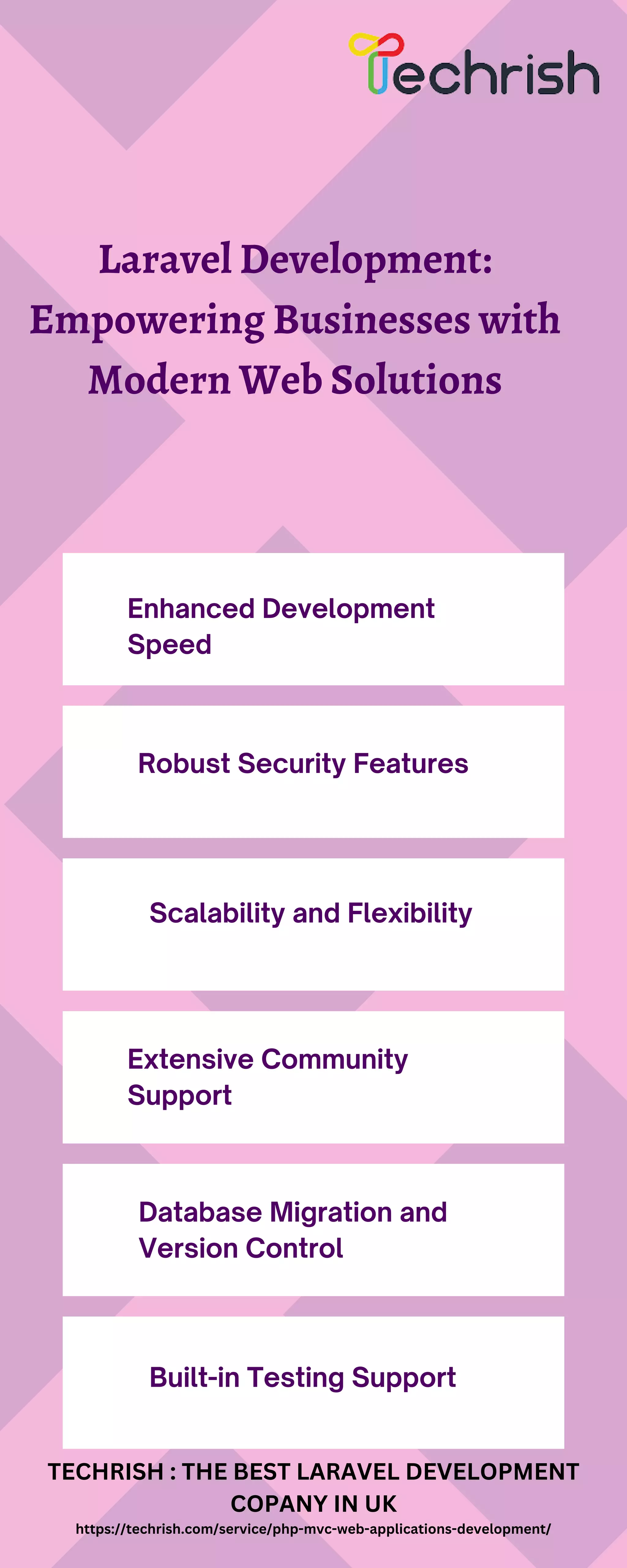 Robust Security Features
Scalability and Flexibility
Extensive Community
Support
Database Migration and
Version Control
Built-in Testing Support
Enhanced Development
Speed
Laravel Development:
Empowering Businesses with
Modern Web Solutions
TECHRISH : THE BEST LARAVEL DEVELOPMENT
COPANY IN UK
https://techrish.com/service/php-mvc-web-applications-development/