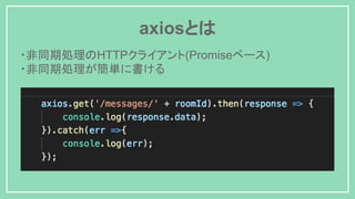 axiosとは
・非同期処理のHTTPクライアント(Promiseベース)
・非同期処理が簡単に書ける
 