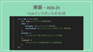 実装 - app.js
Vueインスタンスの生成
 