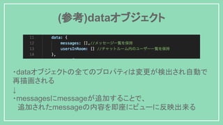 (参考)dataオブジェクト
・dataオブジェクトの全てのプロパティは変更が検出され自動で
再描画される
↓
・messagesにmessageが追加することで、
　追加されたmessageの内容を即座にビューに反映出来る
 