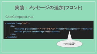 実装 - メッセージの追加(フロント)
ChatComposer.vue
messageTextという名前で
入力データを取得
 