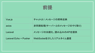 Vue.js チャットUI / メッセージの即時反映
axios 非同期処理(サーバーとのメッセージのやり取り)
Laravel メッセージの永続化、読み込みのAPIを提供
Laravel Echo + Pusher WebSocketを介したリアルタイム通信
前提
 
