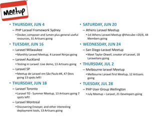 • THURSDAY, JUN 4
– PHP Laravel Framework Sydney
• Docker, composer and lumen plus general useful
resources, 31 Artisans going
• TUESDAY, JUN 16
– Laravel Milwaukee
• Monthly Laravel Meetup, 4 Laravel Ninjas going
– Laravel Auckland
• Testing in Laravel: Live demo, 13 Artisans going
– Laravel SP
• Meetup de Laravel em São Paulo #4, 47 Devs
going 13 spots left!
• THURSDAY, JUN 18
– Laravel Toronto
• Laravel TO - Summer Meetup, 13 Artisans going 7
spots left!
– Laravel Montreal
• Discovering Envoyer, and other interesting
deployment tools, 13 Artisans going
• SATURDAY, JUN 20
– Athens Laravel Meetup
• 1st Athens Laravel Meetup @thecube->20/6, 44
Members going
• WEDNESDAY, JUN 24
– San Diego Laravel Meetup
• Meet Taylor Otwell, creator of Laravel, 18
Laravelians going
• THURSDAY, JUL 2
– Melbourne laravel Meetup
• Melbourne Laravel first Meetup, 12 Artisans
going
• TUESDAY, JUL 28
– PHP User Group Wellington
• July Meetup – Laravel, 21 Developers going
 