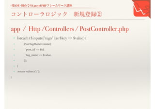 <第1回>初めてのLaravel PHPフレームワーク講座
コントローラロジック 新規登録②
+ foreach ($inputs['tugs'] as $key => $value) {
+ PostTugModel::create([
+ 'post_id' => $id,
+ 'tug_name' => $value,
+ ]);
+ }
+ return redirect('/');
}
app / Http /Controllers / PostController.php
 