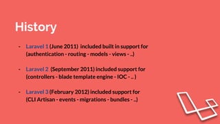 History
- Laravel 1 (June 2011) included built in support for
(authentication - routing - models - views - ..)
- Laravel 2 (September 2011) included support for
(controllers - blade template engine - IOC - .. )
- Laravel 3 (February 2012) included support for
(CLI Artisan - events - migrations - bundles - ..)
 