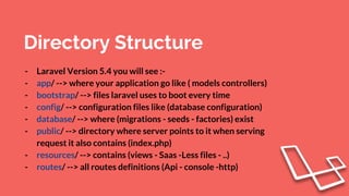 Directory Structure
- Laravel Version 5.4 you will see :-
- app/ --> where your application go like ( models controllers)
- bootstrap/ --> files laravel uses to boot every time
- config/ --> configuration files like (database configuration)
- database/ --> where (migrations - seeds - factories) exist
- public/ --> directory where server points to it when serving
request it also contains (index.php)
- resources/ --> contains (views - Saas -Less files - ..)
- routes/ --> all routes definitions (Api - console -http)
 