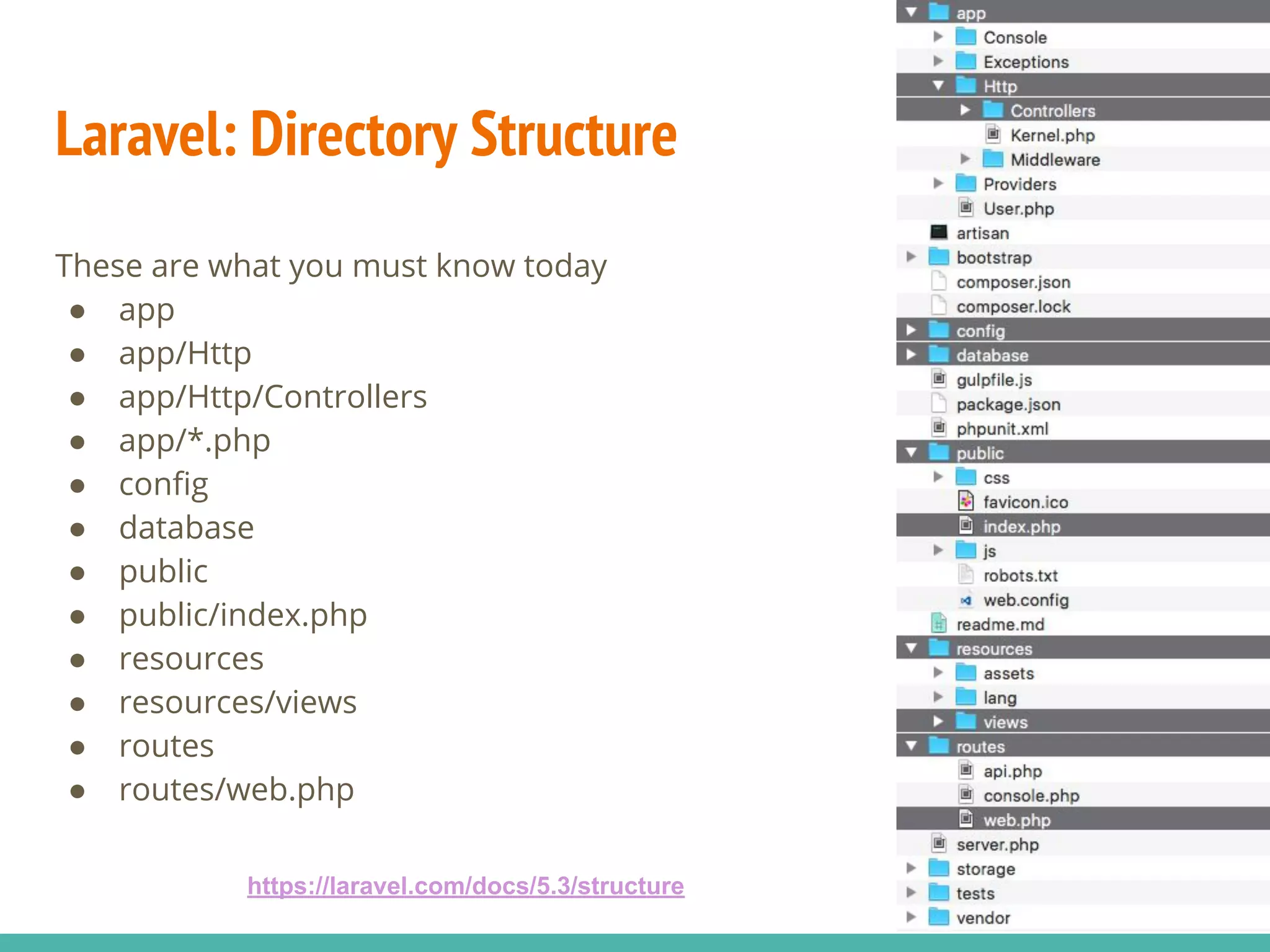 These are what you must know today ● app ● app/Http ● app/Http/Controllers ● app/*.php ● config ● database ● public ● public/index.php ● resources ● resources/views ● routes ● routes/web.php Laravel: Directory Structure https://laravel.com/docs/5.3/structure 