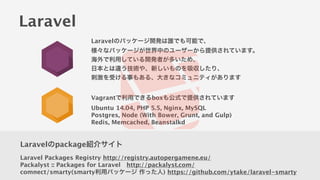 Laravelのpackage紹介サイト
Laravel Packages Registry http://registry.autopergamene.eu/
Packalyst :: Packages for Laravel http://packalyst.com/
comnect/smarty(smarty利用パッケージ 作った人) https://github.com/ytake/laravel-smarty
Laravel
Laravelのパッケージ開発は誰でも可能で、
様々なパッケージが世界中のユーザーから提供されています。
海外で利用している開発者が多いため、
日本とは違う技術や、新しいものを吸収したり、
刺激を受ける事もある、大きなコミュニティがあります
Vagrantで利用できるboxも公式で提供されています
Ubuntu 14.04, PHP 5.5, Nginx, MySQL
Postgres, Node (With Bower, Grunt, and Gulp)
Redis, Memcached, Beanstalkd
 