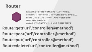Router
Laravelのルーターは多くのMVCフレームワークの様な、
domain/コントローラー/メソッド/ の様な形式ではありません。
HTTPメソッドとコントローラー、メソッドを組み合わせ、
自由に定義する事ができ、
routerだけで小さなアプリケーションを作る事も可能です
Route::get(‘uri’,‘controller@method’)
Route::post(‘uri’,‘controller@method’)
Route::put(‘uri’,‘controller@method’)
Route::delete(‘uri’,‘controller@method’)
 