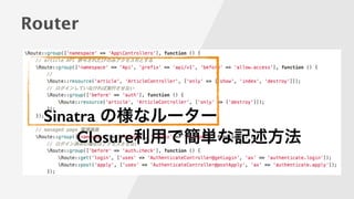 Router
Sinatra の様なルーター
Closure利用で簡単な記述方法
 