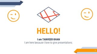 HELLO!
I am TANVEER KHAN
I am here because I love to give presentations.
1
😉 😉
 