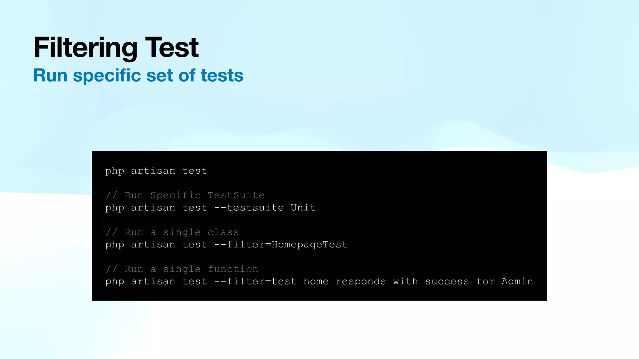 Filtering Test Run speci fi c set of tests php artisan test // Run Specific TestSuite php artisan test --testsuite Unit // Run a single class php artisan test --filter=HomepageTest // Run a single function php artisan test --filter=test_home_responds_with_success_for_Admin 