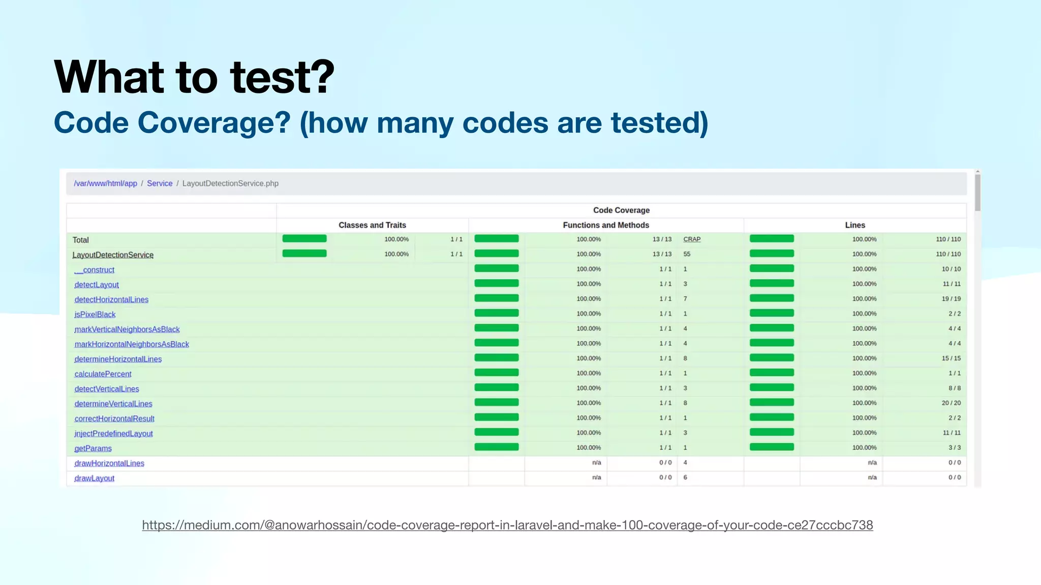 What to test? Code Coverage? (how many codes are tested) https://medium.com/@anowarhossain/code-coverage-report-in-laravel-and-make-100-coverage-of-your-code-ce27cccbc738 