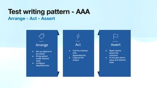 Test writing pattern - AAA
Arrange - Act - Assert
 
