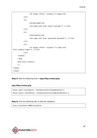 Laravel
96
<td align='center' colspan='2'>Login</td>
</tr>
<tr>
<td>Username</td>
<td><?php echo Form::text('username'); ?></td>
</tr>
<tr>
<td>Password</td>
<td><?php echo Form::password('password'); ?></td>
</tr>
<tr>
<td align='center' colspan='2'><?php echo
Form::submit('Login'); ?></td>
</tr>
</table>
<?php
echo Form::close();
?>
</body>
</html>
Step 5: Add the following lines in app/Http/routes.php.
app/Http/routes.php
Route::get('/validation','ValidationController@showform');
Route::post('/validation','ValidationController@validateform');
Step 6: Visit the following URL to test the validation.
http://localhost:8000/validation
 