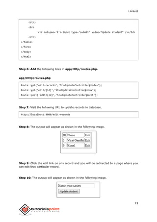 Laravel
73
</tr>
<tr>
<td colspan='2'><input type='submit' value="Update student" /></td>
</tr>
</table>
</form>
</body>
</html>
Step 6: Add the following lines in app/Http/routes.php.
app/Http/routes.php
Route::get('edit-records','StudUpdateController@index');
Route::get('edit/{id}','StudUpdateController@show');
Route::post('edit/{id}','StudUpdateController@edit');
Step 7: Visit the following URL to update records in database.
http://localhost:8000/edit-records
Step 8: The output will appear as shown in the following image.
Step 9: Click the edit link on any record and you will be redirected to a page where you
can edit that particular record.
Step 10: The output will appear as shown in the following image.
 