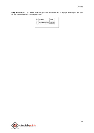 Laravel
77
Step 8: Click on “Click Here” link and you will be redirected to a page where you will see
all the records except the deleted one.
 