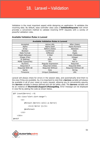 Laravel
93
Validation is the most important aspect while designing an application. It validates the
incoming data. By default, base controller class uses a ValidatesRequests trait which
provides a convenient method to validate incoming HTTP requests with a variety of
powerful validation rules.
Available Validation Rules in Laravel
Available Validation Rules in Laravel
Accepted Active URL After (Date)
Alpha Alpha Dash Alpha Numeric
Array Before (Date) Between
Boolean Confirmed Date
Date Format Different Digits
Digits Between E-Mail Exists (Database)
Image (File) In Integer
IP Address JSON Max
MIME Types(File) Min Not In
Numeric Regular Expression Required
Required If Required Unless Required With
Required With All Required Without Required Without All
Same Size String
Timezone Unique (Database) URL
Laravel will always check for errors in the session data, and automatically bind them to
the view if they are available. So, it is important to note that a $errors variable will always
be available in all of your views on every request, allowing you to conveniently assume
the $errors variable is always defined and can be safely used. The $errors variable will
be an instance of IlluminateSupportMessageBag. Error message can be displayed
in view file by adding the code as shown below.
@if (count($errors) > 0)
<div class="alert alert-danger">
<ul>
@foreach ($errors->all() as $error)
<li>{{ $error }}</li>
@endforeach
</ul>
</div>
@endif
18. Laravel – Validation
 
