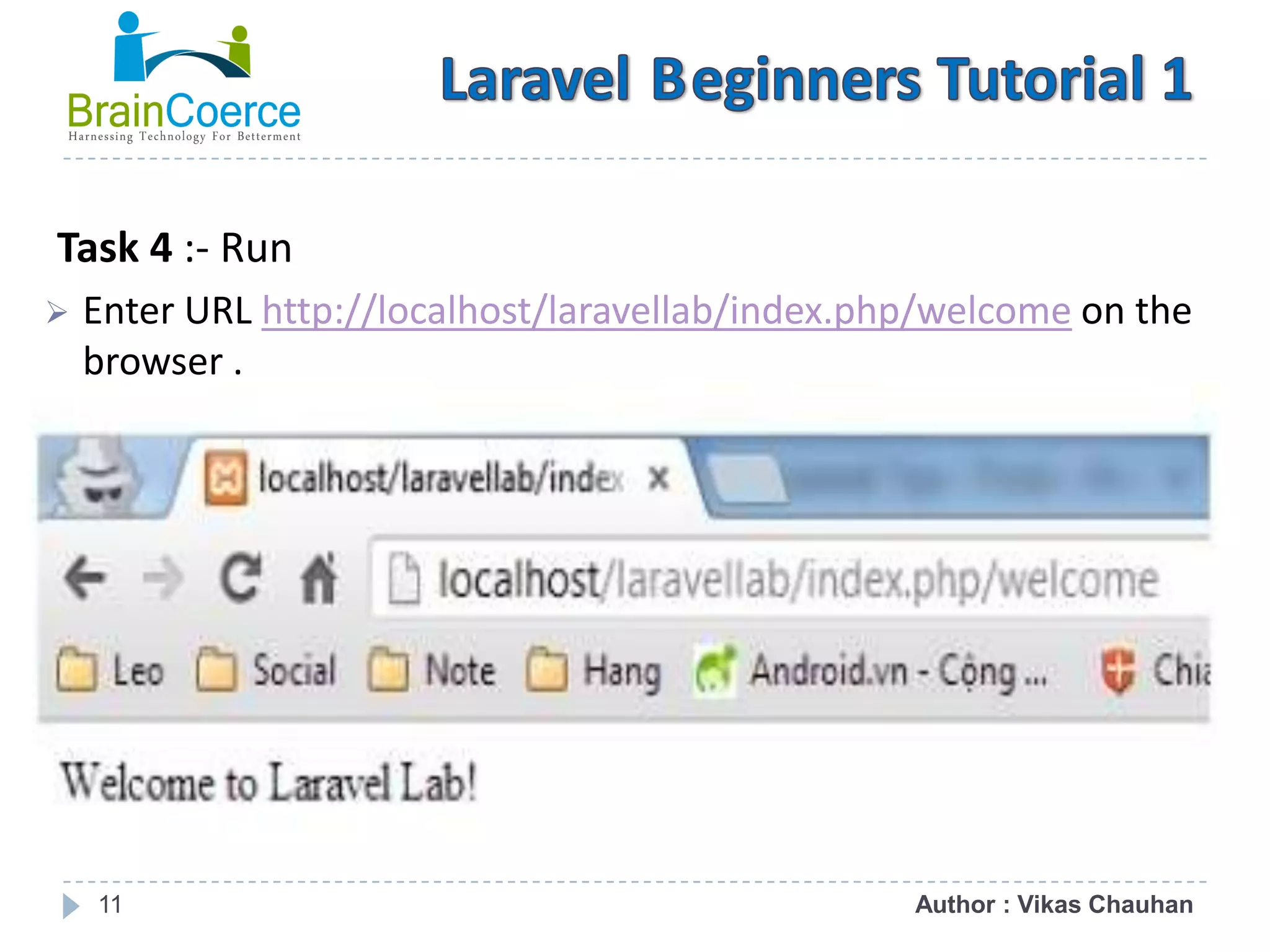 11 Task 4 :- Run  Enter URL http://localhost/laravellab/index.php/welcome on the browser . Author : Vikas Chauhan 