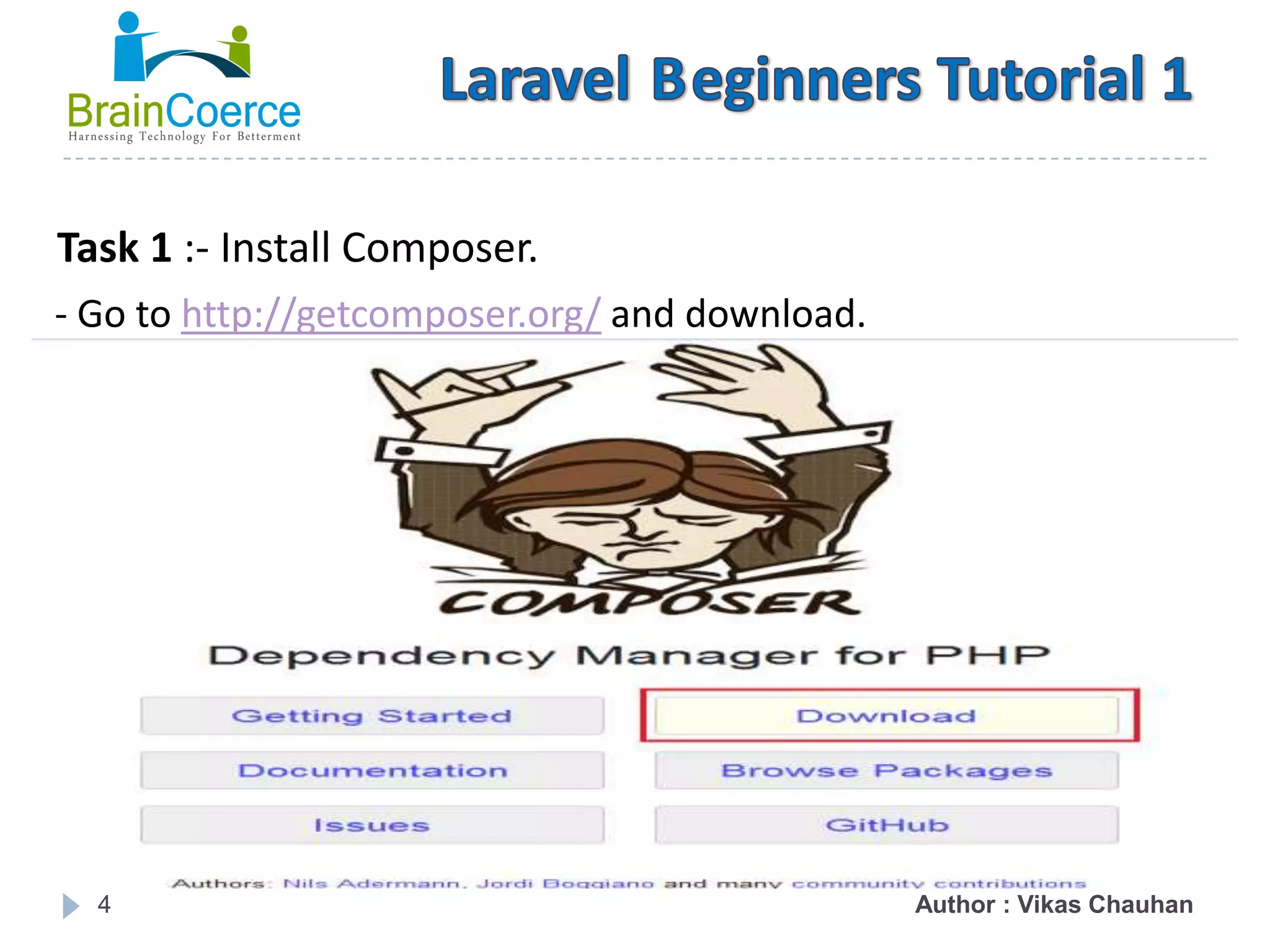 4 Task 1 :- Install Composer. - Go to http://getcomposer.org/ and download. Author : Vikas Chauhan 