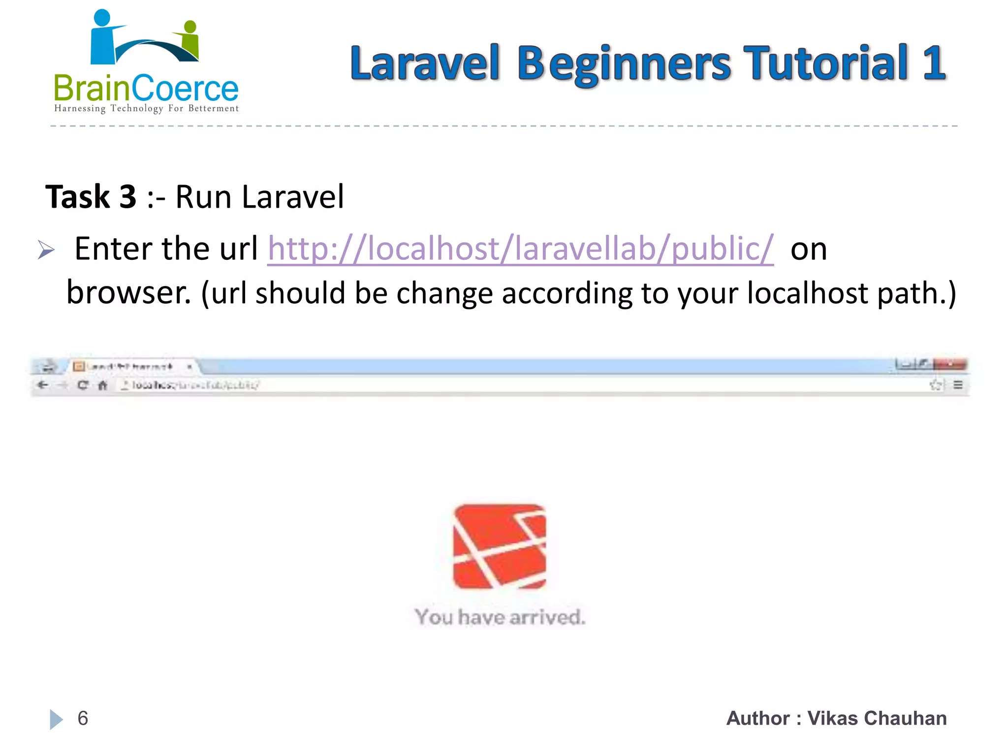 6 Task 3 :- Run Laravel  Enter the url http://localhost/laravellab/public/ on browser. (url should be change according to your localhost path.) Author : Vikas Chauhan 