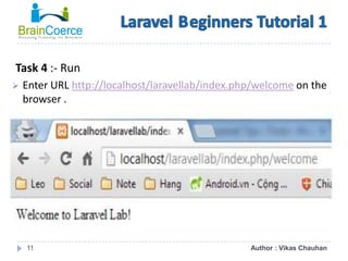 11
Task 4 :- Run
 Enter URL http://localhost/laravellab/index.php/welcome on the
browser .
Author : Vikas Chauhan
 