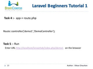 20
Task 4 :- app-> route.php
Route::controller('demo1','DemoController');
Task 5 :- Run
Enter URL http://localhost/laravellab/index.php/demo1 on the browser
Author : Vikas Chauhan
 