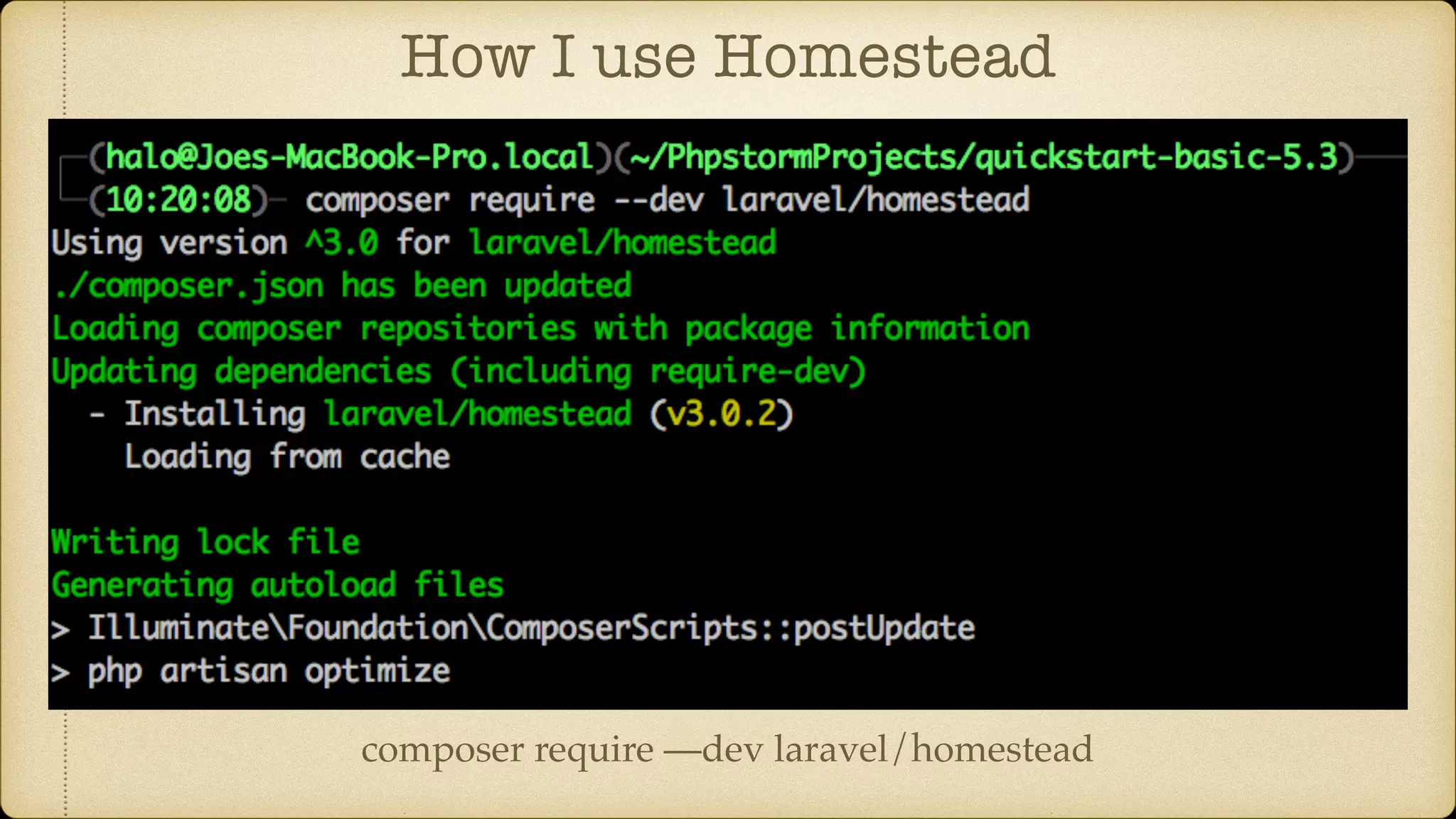 How I use Homestead
composer require —dev laravel/homestead
 