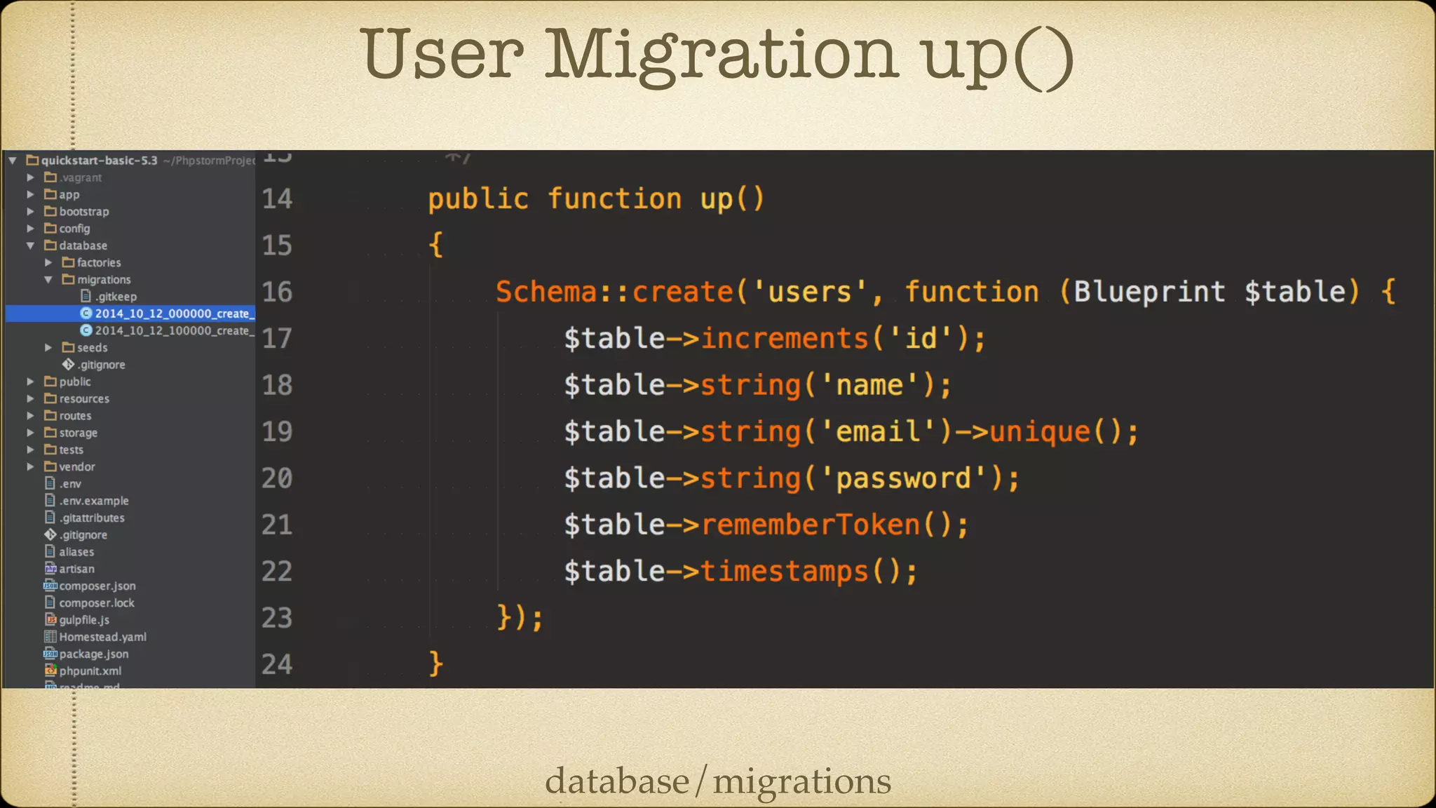 User Migration up()
database/migrations
 