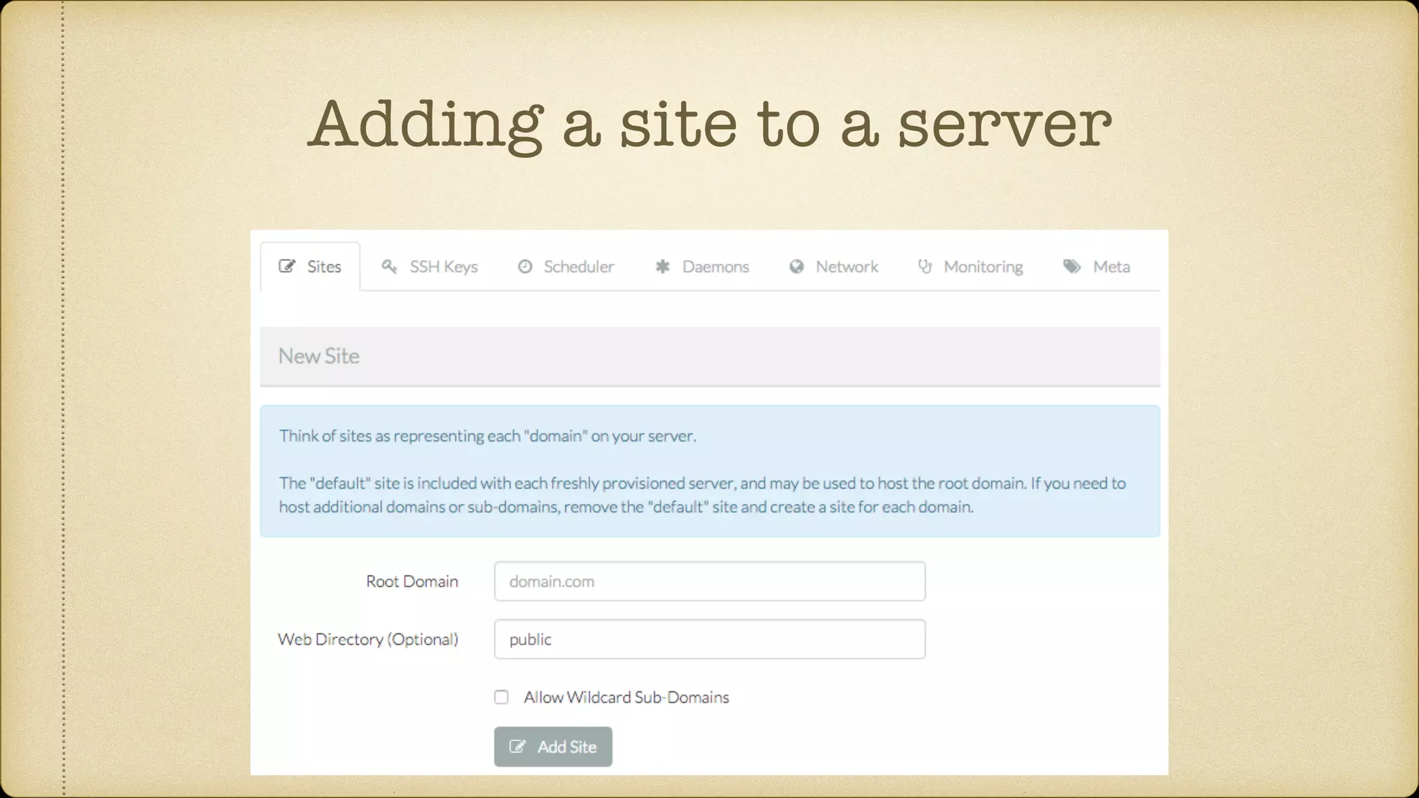 Adding a site to a server
 