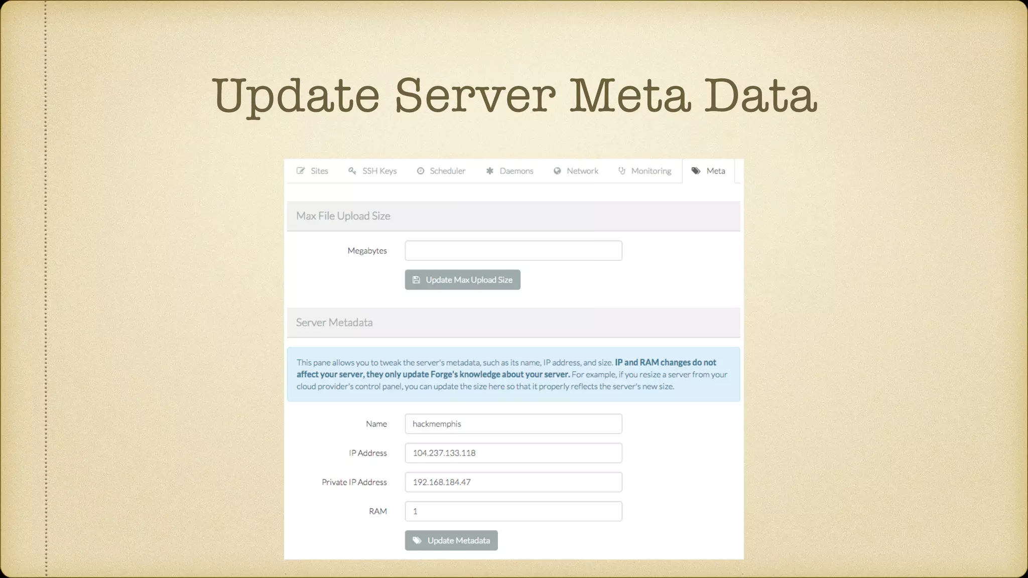 Update Server Meta Data
 