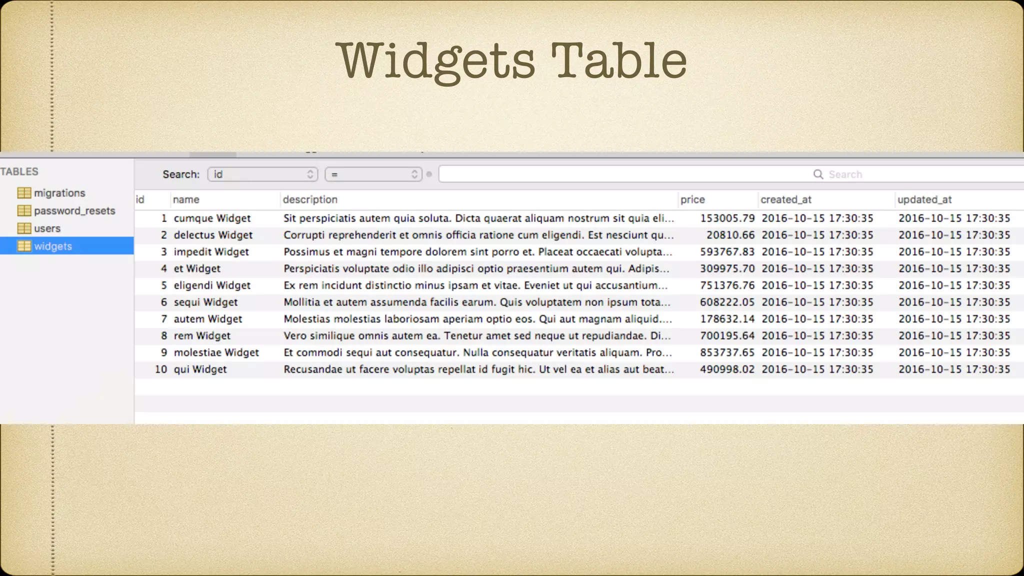 Widgets Table
 