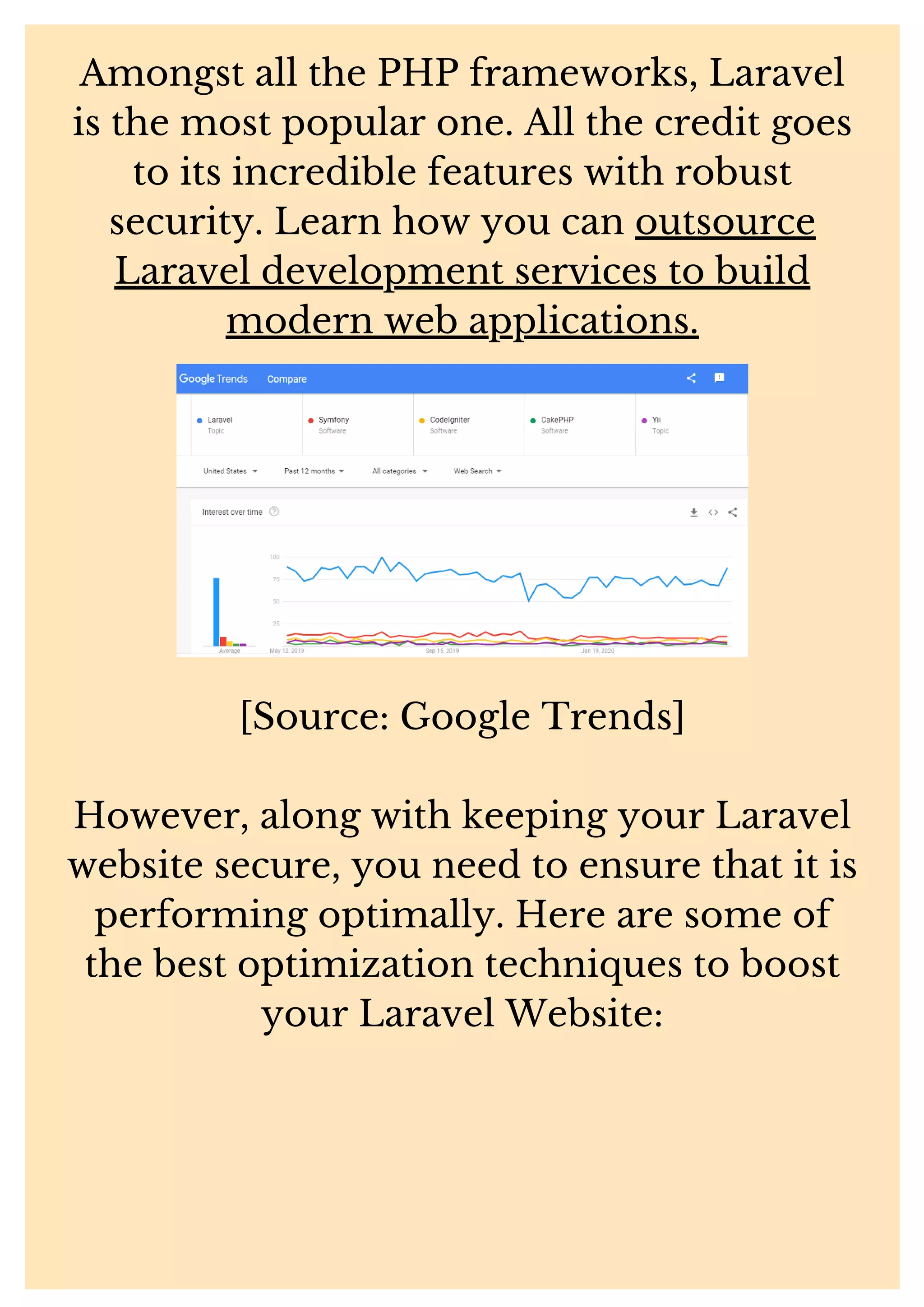Amongst all the PHP frameworks, Laravel is the most popular one. All the credit goes to its incredible features with robust security. Learn how you can outsource Laravel development services to build modern web applications. [Source: Google Trends] However, along with keeping your Laravel website secure, you need to ensure that it is performing optimally. Here are some of the best optimization techniques to boost your Laravel Website: 