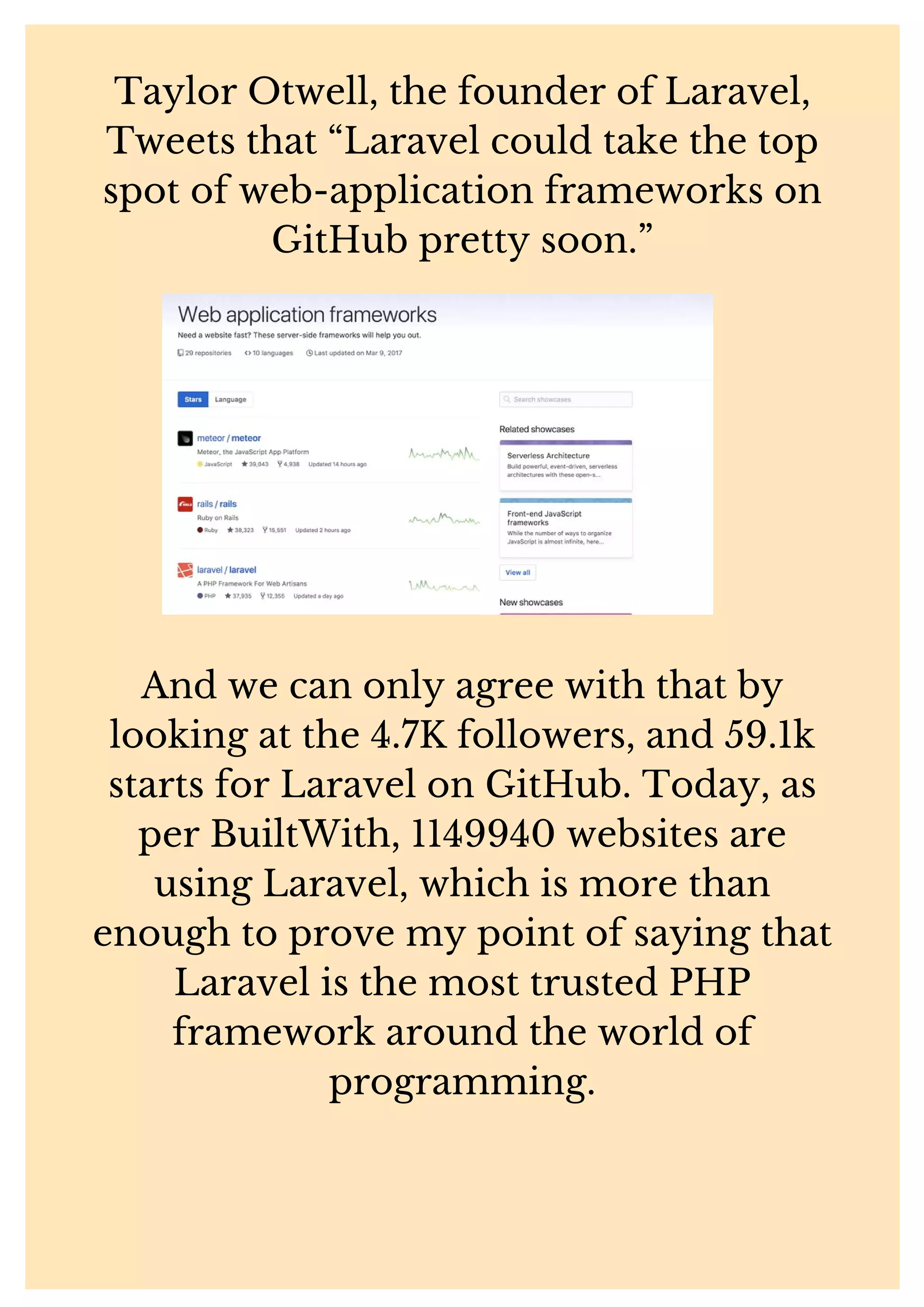 Taylor Otwell, the founder of Laravel, Tweets that “Laravel could take the top spot of web-application frameworks on GitHub pretty soon.” And we can only agree with that by looking at the 4.7K followers, and 59.1k starts for Laravel on GitHub. Today, as per BuiltWith, 1149940 websites are using Laravel, which is more than enough to prove my point of saying that Laravel is the most trusted PHP framework around the world of programming. 