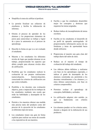 UNIDAD EDUCATIVA “LA ASUNCIÓN” 
Material de apoyo docente 
EVALUACIÓN DEL APRENDIZAJE 
 Simplifica la tarea de calificar al profesor. 
 Le permite focalizar sus esfuerzos de enseñanza y facilita la elaboración de informes. 
 Orienta el proceso de aprender de los alumnos y les proporciona elementos de juicio para autoevaluar su trabajo y lograr de a poco la autonomía en el proceso de aprendizaje. 
 Describe la forma en que va a ser evaluado el estudiante. 
 Muestra a los estudiantes los diferentes niveles de logro que pueden alcanzar en un trabajo, proporcionando los aspectos que deben cumplir para alcanzar niveles altos de calificación. 
 Posibilita que los estudiantes realicen la evaluación de sus propias realizaciones (autoevaluación, heteroevaluación), conociendo los criterios de calificación con que serán evaluados. 
 Posibilita a los docentes una evaluación objetiva, justa e imparcial de los trabajos de los estudiantes mediante una escala que mide las habilidades y desempeño de los estudiantes. 
 Permite a los maestros obtener una medida más precisa tanto del producto como del proceso de la ejecución de los estudiantes en diferentes tipos de tareas. 
 Los estudiantes tienen una guía de forma explicita para realizar sus tareas de acuerdo a las expectativas de sus maestros. 
 Facilita a que los estudiantes desarrollen mejor los conceptos y destrezas que requieren las tareas asignadas. 
 Reduce índices de incumplimiento de tareas escolares. 
 Facilita en los estudiantes el desarrollo de un perfil de aprendiz autorregulado. Al proporcionarles información acerca de sus fortalezas y áreas de oportunidad hacia donde enfocarse. 
 Proporciona al maestro una guía clara del trabajo diario del salón de clase. 
 Reduce en el maestro el tiempo de evaluación del trabajo del estudiante. 
 Las rúbricas deben definirse y realizarse con base en los aprendizajes esperados, e indicar el grado de desempeño de los alumnos; construidas así, permitirán a los docentes retroalimentar a los alumnos y a éstos últimos autoevaluarse, con base en criterios comprensibles. 
 Permiten evaluar el aprendizaje de conceptos, habilidades y actitudes. 
 La calificación adquiere otro sentido, ya que se fundamenta con criterios cualitativos. 
 Los alumnos pueden ver los criterios antes, durante y después de la elaboración de sus productos.  