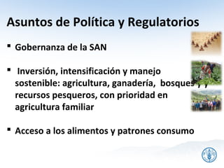 Asuntos de Política y Regulatorios
 Gobernanza de la SAN

 Inversión, intensificación y manejo
  sostenible: agricultura, ganadería, bosques y y
  recursos pesqueros, con prioridad en
  agricultura familiar

 Acceso a los alimentos y patrones consumo
 