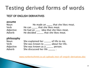 34
TEST OF ENGLISH DERIVATIVES
assume
Noun He made an _____ that she likes meat.
Verb He can _____ that she likes meat.
Adjective He had an ____ idea that she likes meat.
Adverb He decided ______ that she likes meat.
philosophy
Noun She explained her ______ of life to me.
Verb She was known to ______ about her life.
Adjective She was known as a ______ person.
Adverb She discussed her life ______ .
www.norbertschmitt.co.uk/uploads/test-of-engish-derivatives.doc
 